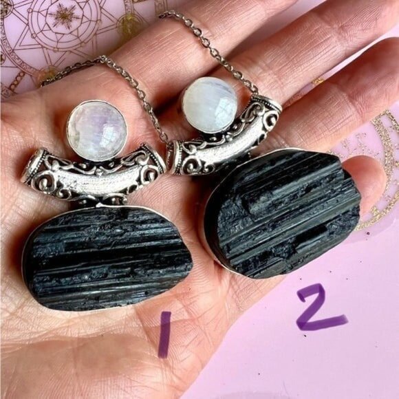 925 Yin Yang YOU CHOOSE! Raw Black Tourmaline + Moonstone Pendant Necklace - Picture 3 of 10